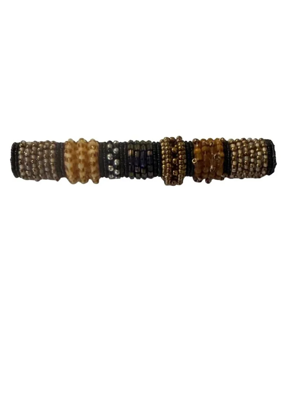 Vintage Beaded Brooch Brown Gold Black Seed Bead Faux Pearl Statement Pin Boho
